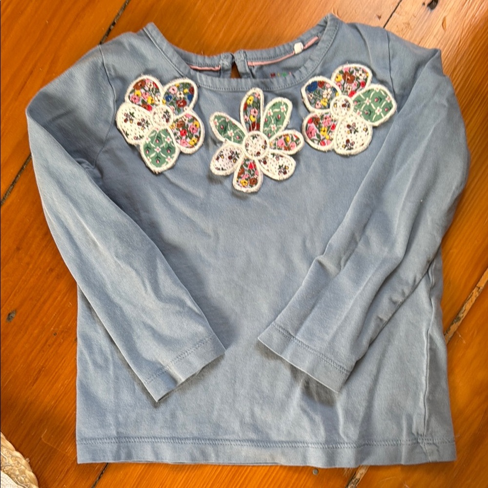 MiniBoden Girls Floral Embellished Kids Shirt in Blue 2T-3T